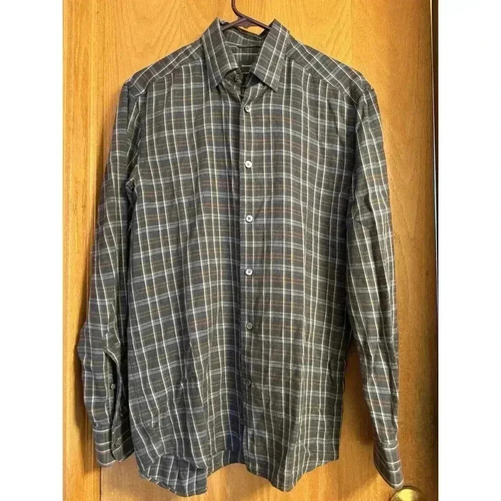Ermenegildo Zegna Cashco Blue Plaid Mens Button Down Shirt‎ Sz Small